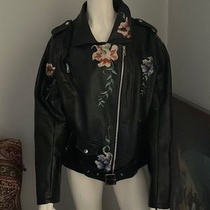 Super cute vegan leather jacket with flower embroidery